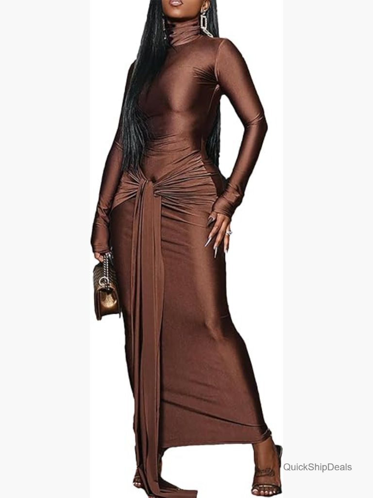 Long Sleeve Formal Maxi Dress Ruched Bodycon Turtleneck Party Wedding Guest